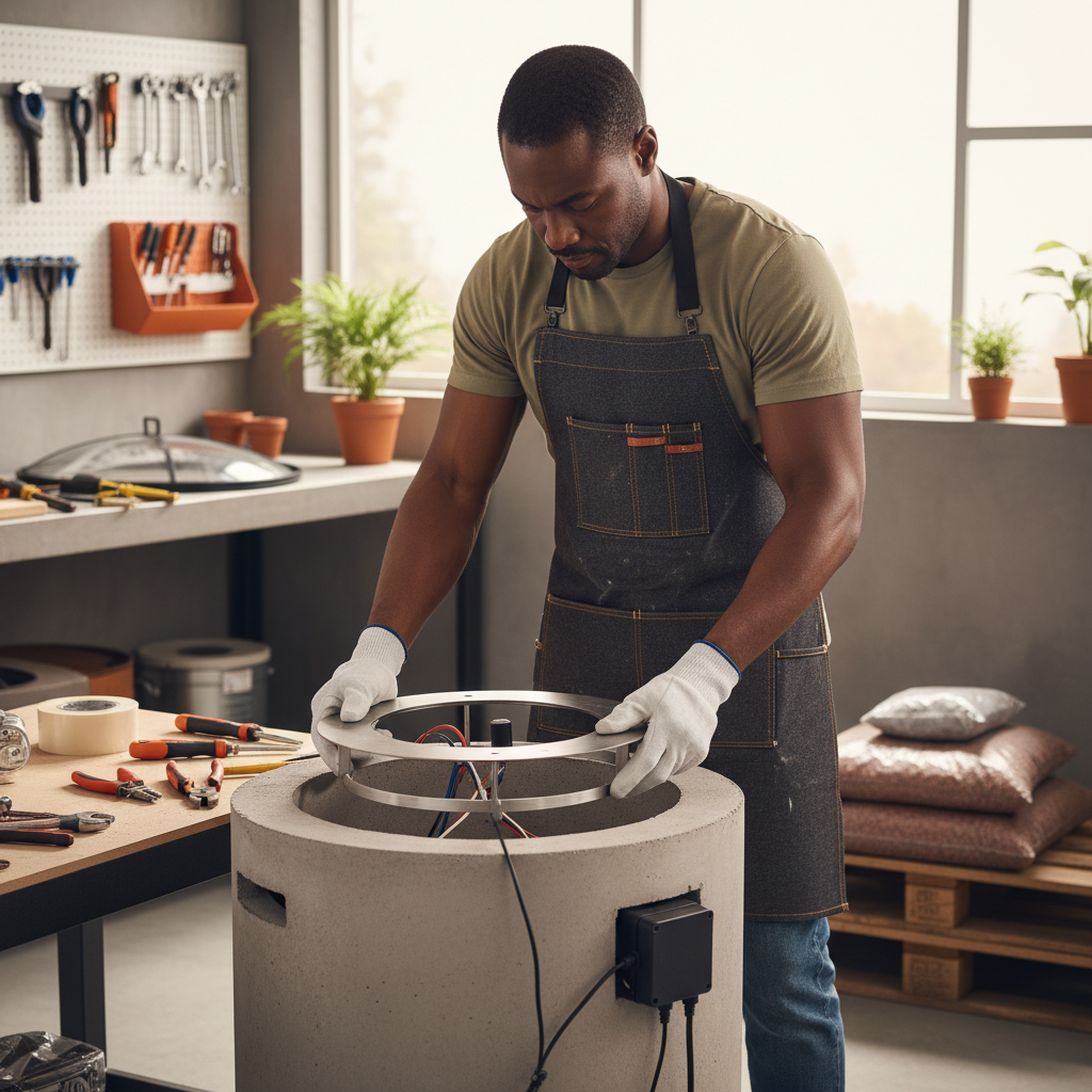 Man in a workshop setting working on a DIY fire pit kit.