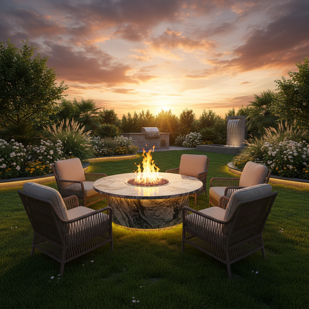 Outdoor patio with fire pit and chairs during sunset