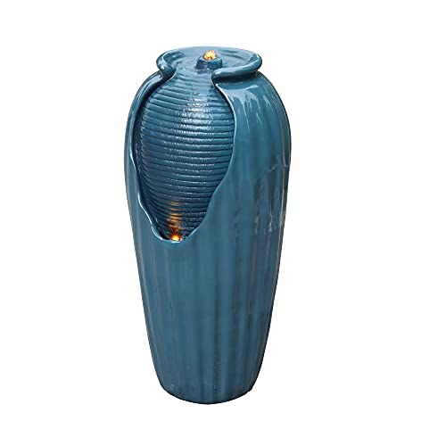 Teamson Home Outdoor Glazed Vase Floor Water Jar Fountain with LED Lights for Garden Patio and Deck, Blue, 14.96 x 14.57 x 31.89