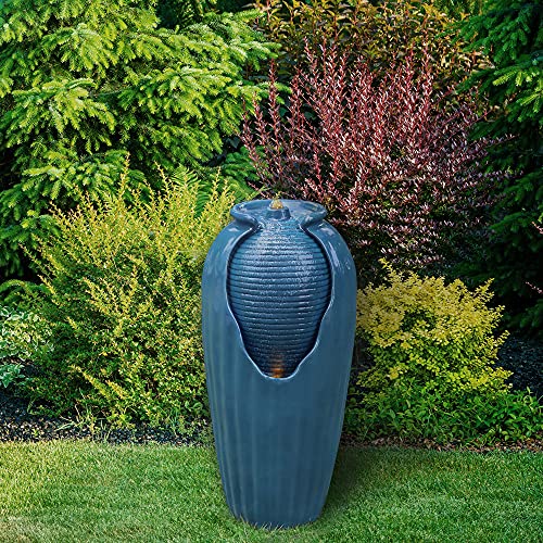 Teamson Home Outdoor Glazed Vase Floor Water Jar Fountain with LED Lights for Garden Patio and Deck, Blue, 14.96 x 14.57 x 31.89