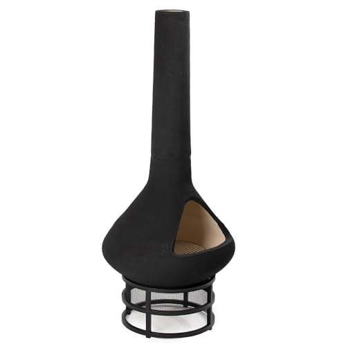 Ash &amp; Ember Ceramic Chiminea Fire Pit with Stand, Smoke-Reducing Chimney, Semi-Enclosed Outdoor Fireplace for Backyard Patio or Deck, Cooking Grate and 18" Stand Included