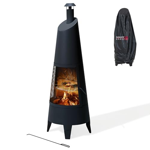 SUNJOY 2-in-1 Chiminea Fire Pit & Grill, 57" Tall Outdoor Fireplace with Removable Stainless Steel Grill Grate, Spark Screen & PVC Cover for Patio, Backyard, Cooking - Black