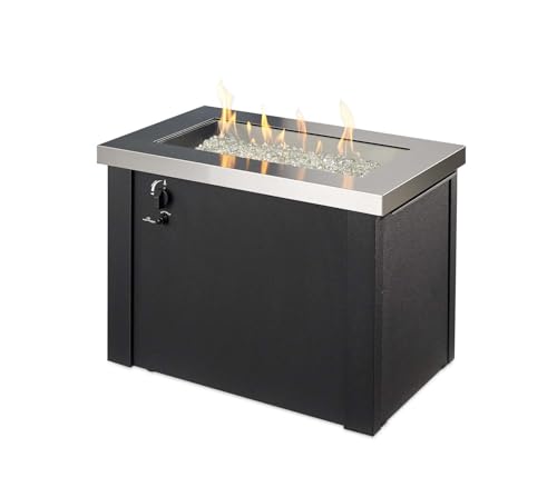 Outdoor GreatRoom Co Propane Fire Pit Table - Providence Gas Fire Pits for Outside Patio - 32 Inch Rectangular Stainless Steel Top Firepit Fire Table, Glass Tabletop Cover, Metal Base, 55,000 BTU