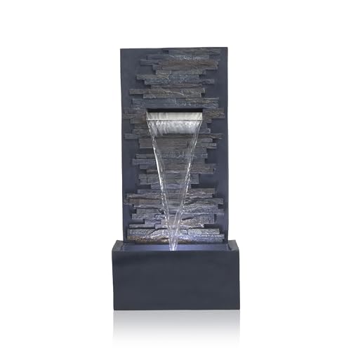 Alpine Corporation 32" Cascading Stone Wall Fountain with LED Lights – Outdoor Water Feature for Garden, Patio, Backyard & Home Decor, Gray