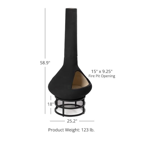 Ash & Ember Ceramic Chiminea Fire Pit with Stand, Smoke-Reducing Chimney, Semi-Enclosed Outdoor Fireplace for Backyard Patio or Deck, Cooking Grate and 18" Stand Included