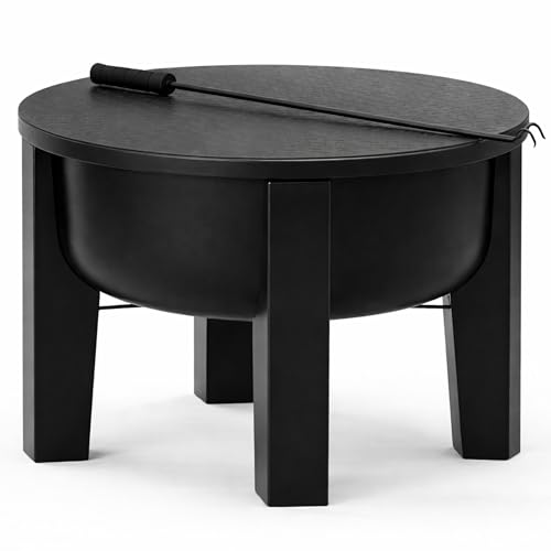 Fire Chief Wood Burning Fire Pit with Tabletop Lid – Modern Outdoor Metal Fire Pit for Patio & Backyard – Premium Heavy Duty Fire Pit Bowl with Multi-Use Side Table (Modern Bowl)
