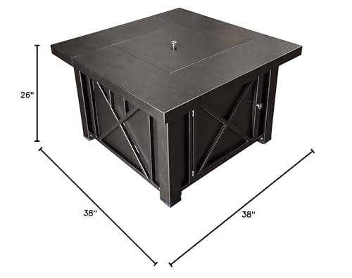 Hiland 38'' Square Propane Fire Pit Table w/Lid, Fireglass Included, Regulator and Hose, 40,000 BTU, Decorative Crossbars, Bronze