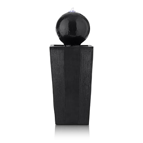 Alpine Corporation GIL786 Outdoor Floor Modern Sphere and Pedestal Soothing Waterfall Fountain for Garden 33", Black