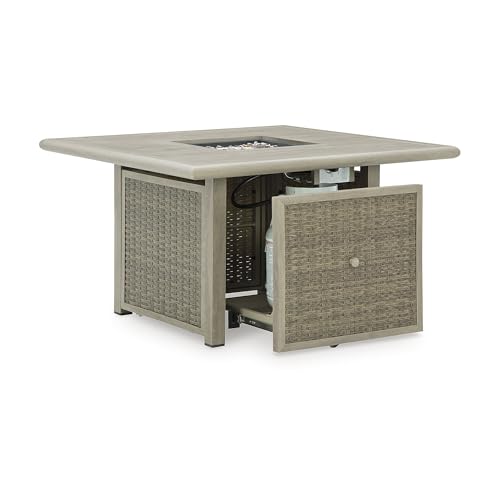 Signature Design by Ashley Haven Retreat Casual Weather Resistant Outdoor Fire Pit Table with 50,000 BTU Burner, Beige