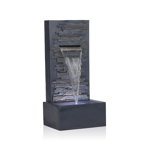 Alpine Corporation 32" Cascading Stone Wall Fountain with LED Lights – Outdoor Water Feature for Garden, Patio, Backyard &amp; Home Decor, Gray