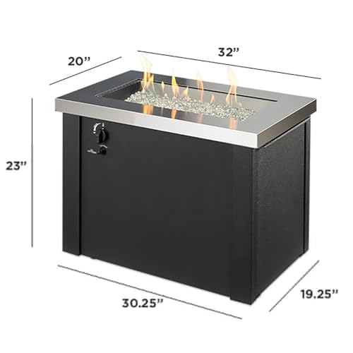 Outdoor GreatRoom Co Propane Fire Pit Table - Providence Gas Fire Pits for Outside Patio - 32 Inch Rectangular Stainless Steel Top Firepit Fire Table, Glass Tabletop Cover, Metal Base, 55,000 BTU