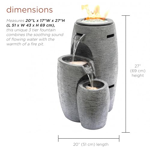 Alpine Corporation WTO120 Outdoor Cascading Look 3 Tiered Fire and Water Fountain with Adjustable Flame and LED Lights, 27" Tall, Gray
