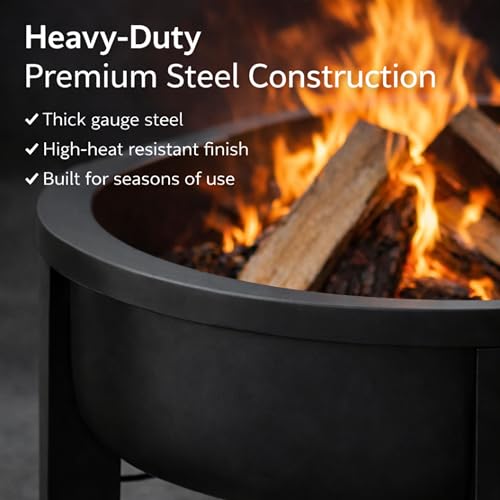 Fire Chief Wood Burning Fire Pit with Tabletop Lid – Modern Outdoor Metal Fire Pit for Patio & Backyard – Premium Heavy Duty Fire Pit Bowl with Multi-Use Side Table (Modern Bowl)