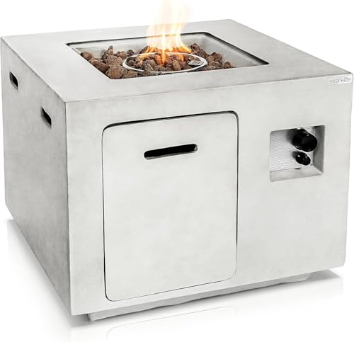 SereneLife Outdoor Propane Fire Pit Table - CSA/ETL Certified Safe 40,000BTU Pulse Ignition Weatherproof Square Propane Gas Fire Table - Adjustable Flame, Thermocouple - PVC Cover, Lava Rock, SLFPCN42
