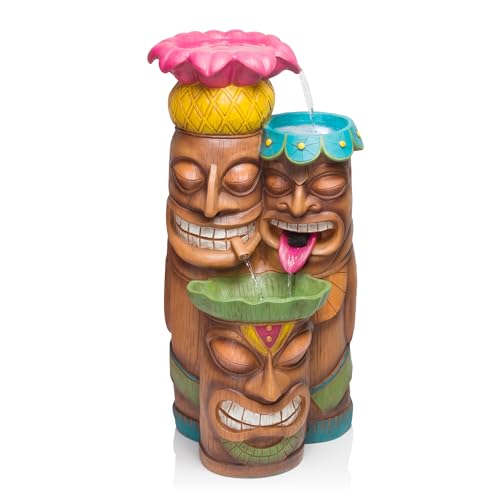 Alpine Corporation - 3-Tiered Colorful Tiki Head Outdoor Water Fountain with LED Lights