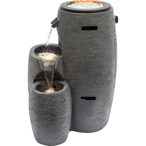 Alpine Corporation WTO120 Outdoor Cascading Look 3 Tiered Fire and Water Fountain with Adjustable Flame and LED Lights, 27" Tall, Gray