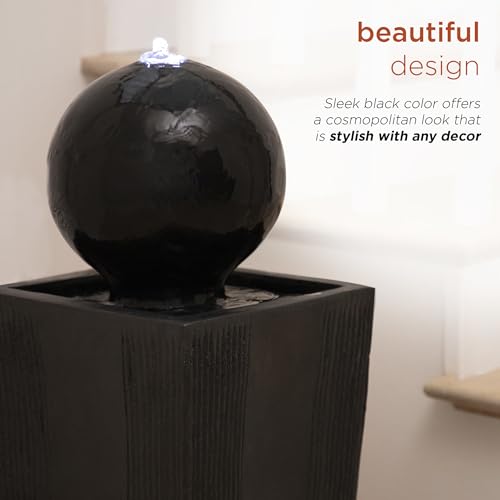 Alpine Corporation GIL786 Outdoor Floor Modern Sphere and Pedestal Soothing Waterfall Fountain for Garden 33", Black