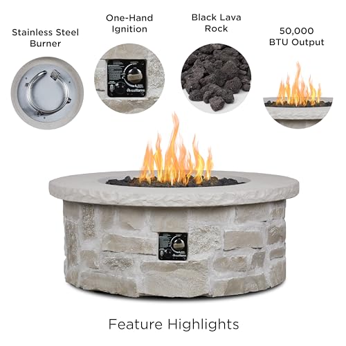 Real Flame Scottsdale 40” Round Stone Propane Fire Pit Table, 50000 BTU Outdoor Gas Fireplace for Outside Patio Backyard Deck and Garden, Includes Storage Cover, lid and Lava Rock Filler