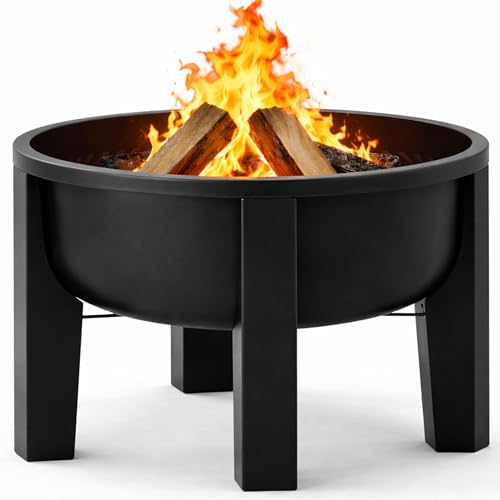 Fire Chief Wood Burning Fire Pit with Tabletop Lid – Modern Outdoor Metal Fire Pit for Patio & Backyard – Premium Heavy Duty Fire Pit Bowl with Multi-Use Side Table (Modern Bowl)