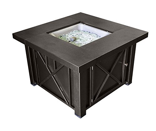 Hiland 38'' Square Propane Fire Pit Table w/Lid, Fireglass Included, Regulator and Hose, 40,000 BTU, Decorative Crossbars, Bronze