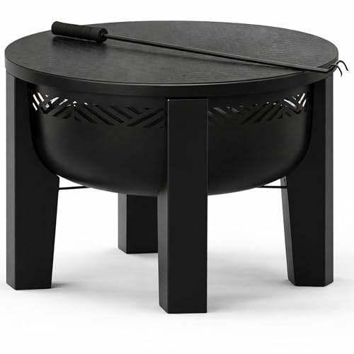 Fire Chief Wood Burning Fire Pit with Tabletop Lid, 26 Inch Outdoor Fire Pit Table for Patio, Deck and Backyard, Heavy Duty Steel Bowl Converts to Side Table, Black (Decorative Bowl)