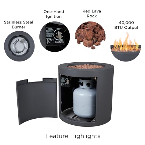 Real Flame Aegean 24" Round Propane Gas Fire Pit Table with Hidden Tank, 50,000 BTU, Powder-Coated Steel, Push-Button Ignition, Lava Rock, Storage Cover, Stainless Steel Burner with Lid - Wthrd Slate
