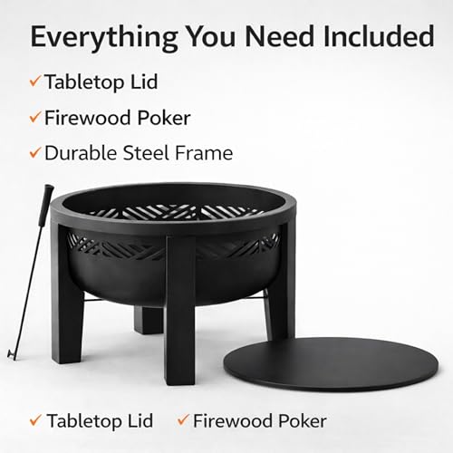 Fire Chief Wood Burning Fire Pit with Tabletop Lid, 26 Inch Outdoor Fire Pit Table for Patio, Deck and Backyard, Heavy Duty Steel Bowl Converts to Side Table, Black (Decorative Bowl)