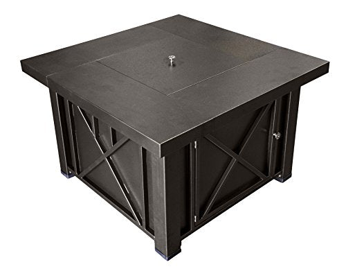 Hiland 38'' Square Propane Fire Pit Table w/Lid, Fireglass Included, Regulator and Hose, 40,000 BTU, Decorative Crossbars, Bronze
