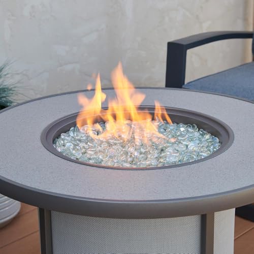 Outdoor GreatRoom Co Propane Fire Pit Table - Stonefire Gas Fire Pits for Outside Patio - 31" Round Composite Firepit Fire Table, Matching Tabletop Cover, Aluminum Frame Mesh Base, 55,000 BTU - Grey