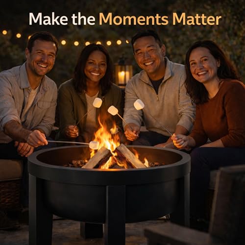 Fire Chief Wood Burning Fire Pit with Tabletop Lid – Modern Outdoor Metal Fire Pit for Patio & Backyard – Premium Heavy Duty Fire Pit Bowl with Multi-Use Side Table (Modern Bowl)