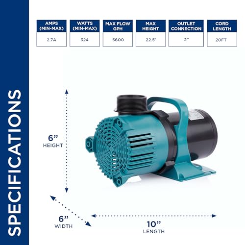 Alpine Corporation 5600 GPH Vortex Submersible Water Pump 20 Ft Cord for Ponds, Fountains and Water Circulations, Quiet Operation Vertical/Horizontal, 22.5 Ft Lift 324 Watts, Black/Teal