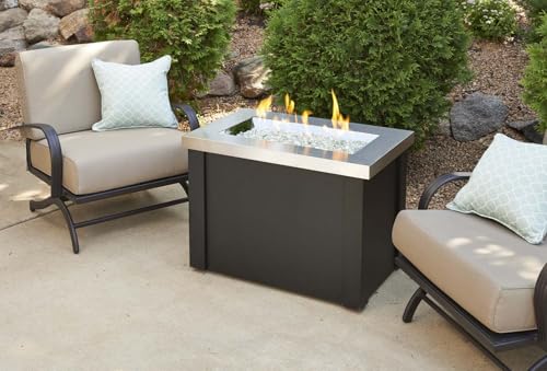 Outdoor GreatRoom Co Propane Fire Pit Table - Providence Gas Fire Pits for Outside Patio - 32 Inch Rectangular Stainless Steel Top Firepit Fire Table, Glass Tabletop Cover, Metal Base, 55,000 BTU