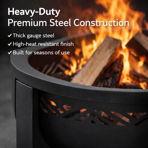 Fire Chief Wood Burning Fire Pit with Tabletop Lid, 26 Inch Outdoor Fire Pit Table for Patio, Deck and Backyard, Heavy Duty Steel Bowl Converts to Side Table, Black (Decorative Bowl)