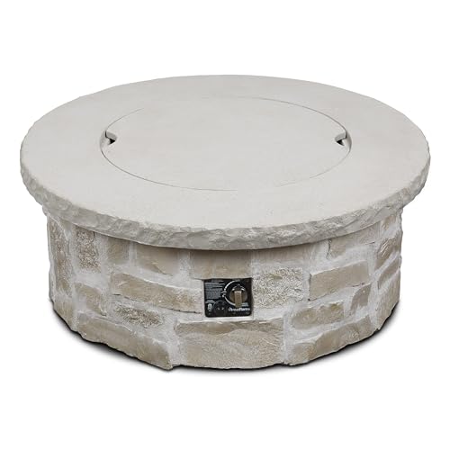 Real Flame Scottsdale 40” Round Stone Propane Fire Pit Table, 50000 BTU Outdoor Gas Fireplace for Outside Patio Backyard Deck and Garden, Includes Storage Cover, lid and Lava Rock Filler