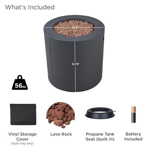 Real Flame Aegean 24" Round Propane Gas Fire Pit Table with Hidden Tank, 50,000 BTU, Powder-Coated Steel, Push-Button Ignition, Lava Rock, Storage Cover, Stainless Steel Burner with Lid - Wthrd Slate