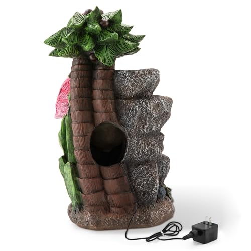 Glitzhome Outdoor Water Fountain, 4-Tiered Flamingo Outdoor Fountain with Lights, 23.5" H Polyresin Decorative Waterfall Feature Garden Fountain with Pump for Garden, Patio, Yard, Deck, Porch Decor