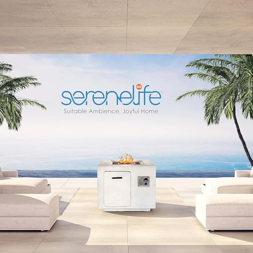 SereneLife Outdoor Propane Fire Pit Table - CSA/ETL Certified Safe 40,000BTU Pulse Ignition Weatherproof Square Propane Gas Fire Table - Adjustable Flame, Thermocouple - PVC Cover, Lava Rock, SLFPCN42