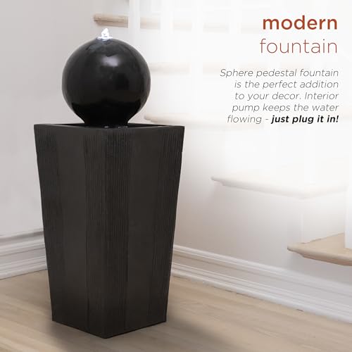 Alpine Corporation GIL786 Outdoor Floor Modern Sphere and Pedestal Soothing Waterfall Fountain for Garden 33", Black
