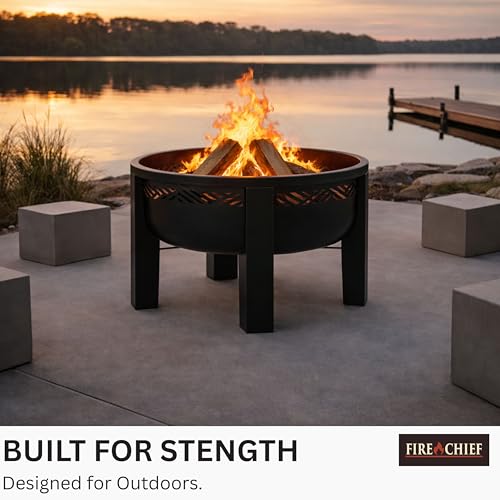 Fire Chief Wood Burning Fire Pit with Tabletop Lid, 26 Inch Outdoor Fire Pit Table for Patio, Deck and Backyard, Heavy Duty Steel Bowl Converts to Side Table, Black (Decorative Bowl)