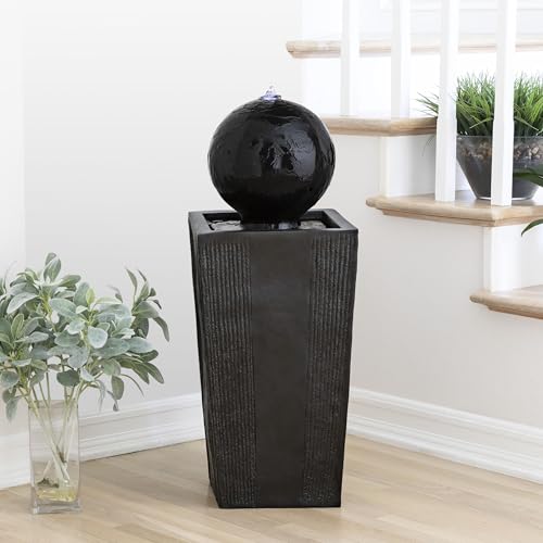 Alpine Corporation GIL786 Outdoor Floor Modern Sphere and Pedestal Soothing Waterfall Fountain for Garden 33", Black