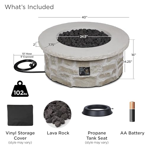 Real Flame Scottsdale 40” Round Stone Propane Fire Pit Table, 50000 BTU Outdoor Gas Fireplace for Outside Patio Backyard Deck and Garden, Includes Storage Cover, lid and Lava Rock Filler