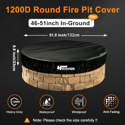 Heavy Duty 1200D Round Fire Pit Cover for In-Ground Fire Pits,46-51 Inch