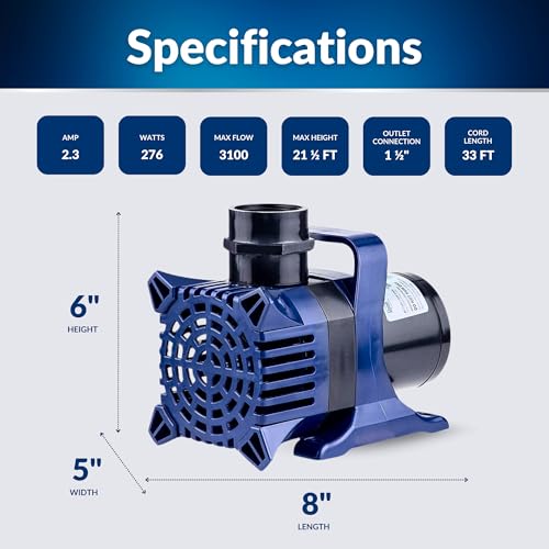 Alpine Corporation PAL3100 | 3100 GPH Submersible Water Pump with 33-ft Cord — Quiet 276W Motor, 21.5-ft Lift — Multi-Angle Flow for Ponds, Waterfalls & Fountains — Durable & Efficient