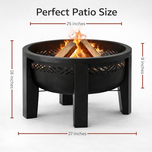 Fire Chief Wood Burning Fire Pit with Tabletop Lid, 26 Inch Outdoor Fire Pit Table for Patio, Deck and Backyard, Heavy Duty Steel Bowl Converts to Side Table, Black (Decorative Bowl)