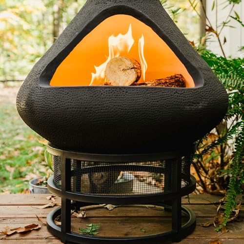 Ash & Ember Ceramic Chiminea Fire Pit with Stand, Smoke-Reducing Chimney, Semi-Enclosed Outdoor Fireplace for Backyard Patio or Deck, Cooking Grate and 18" Stand Included
