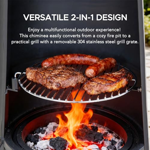 SUNJOY 2-in-1 Chiminea Fire Pit & Grill, 57" Tall Outdoor Fireplace with Removable Stainless Steel Grill Grate, Spark Screen & PVC Cover for Patio, Backyard, Cooking - Black