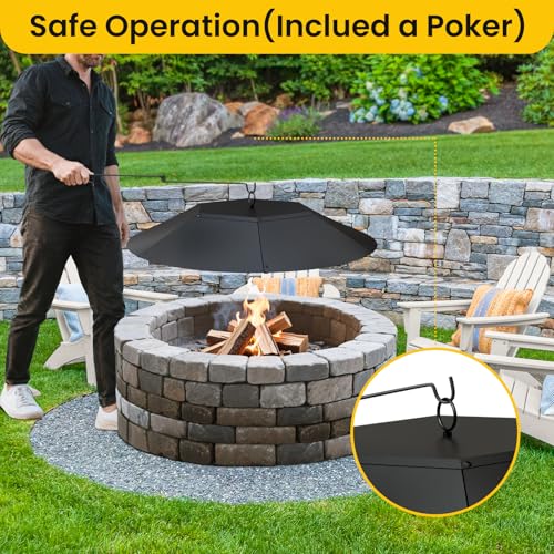 Teisaiko 28 inch Metal Round Fire Pit Lid with Handle & Poker