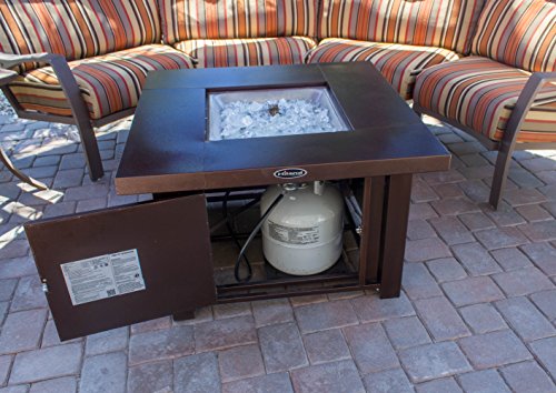 Hiland 38'' Square Propane Fire Pit Table w/Lid, Fireglass Included, Regulator and Hose, 40,000 BTU, Decorative Crossbars, Bronze