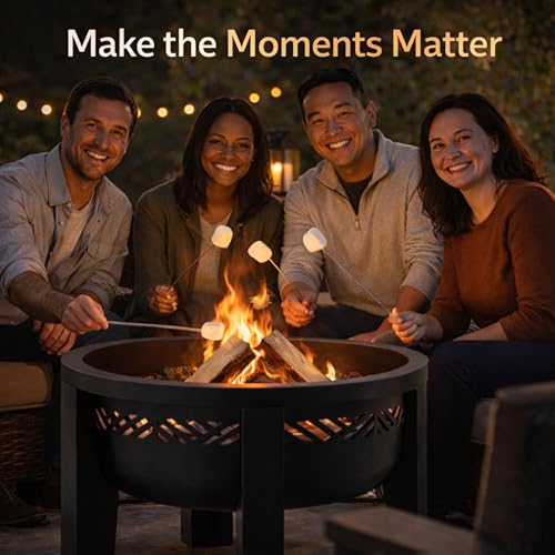 Fire Chief Wood Burning Fire Pit with Tabletop Lid, 26 Inch Outdoor Fire Pit Table for Patio, Deck and Backyard, Heavy Duty Steel Bowl Converts to Side Table, Black (Decorative Bowl)
