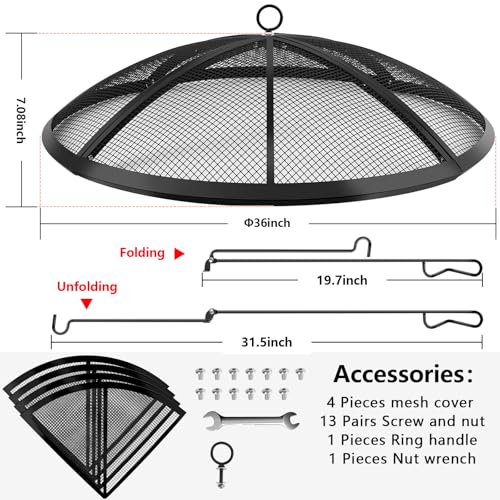 Fire Pit Spark Screen, Fire Pit Screen 36 Inch Round with Handle & Poker